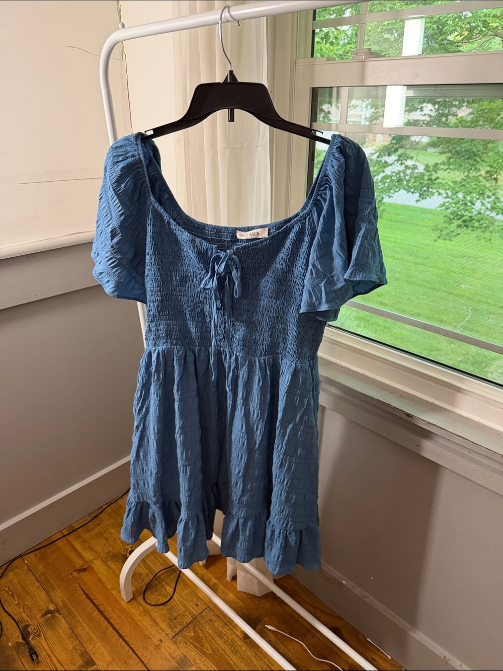 Grace Karin Blue Smocked Tie-Front Peasant Tunic